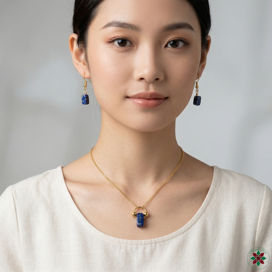 Lapis lazuli crystal necklace and earrings gift set by Manushaa Gems — deep blue gemstone pendant in gold-plated setting, UK