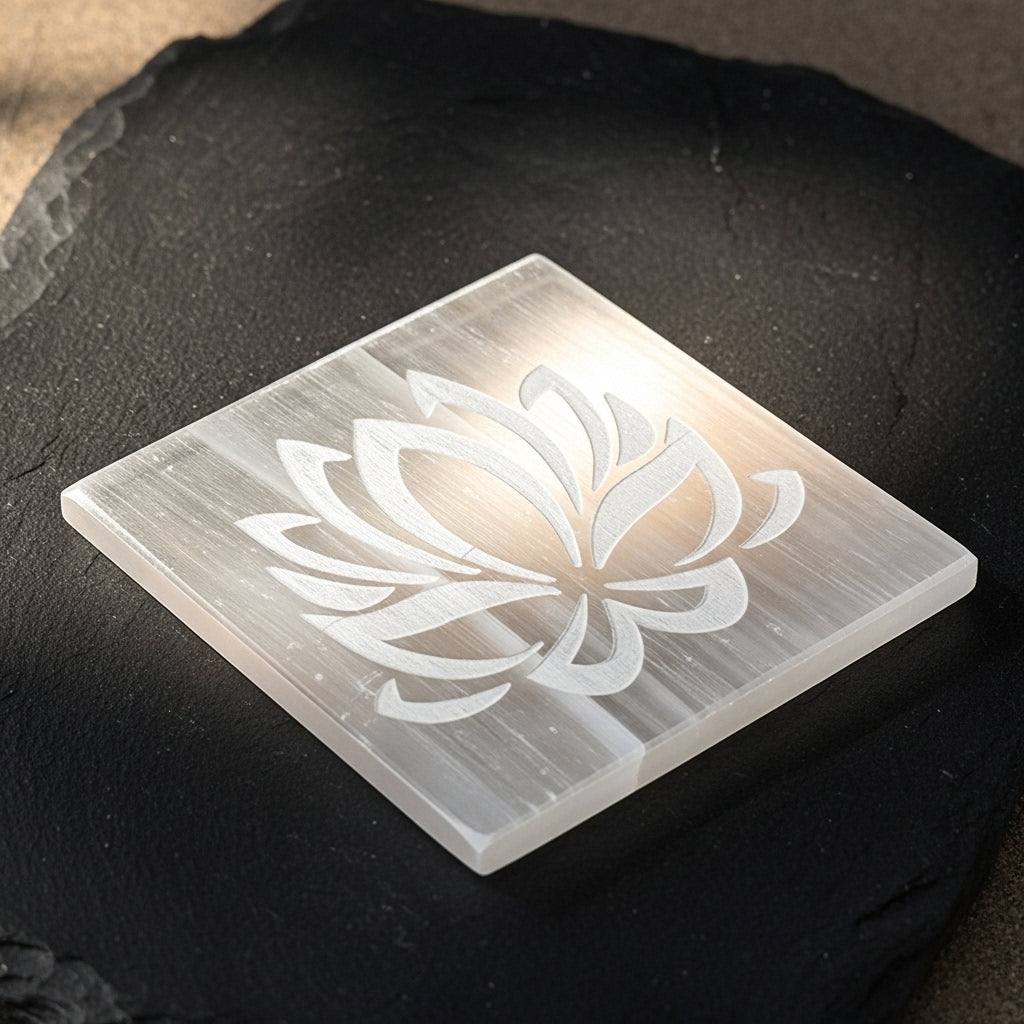 Lotus Selenite Plate texture — Engraved Crystal Cleansing UK Manushaa Gems