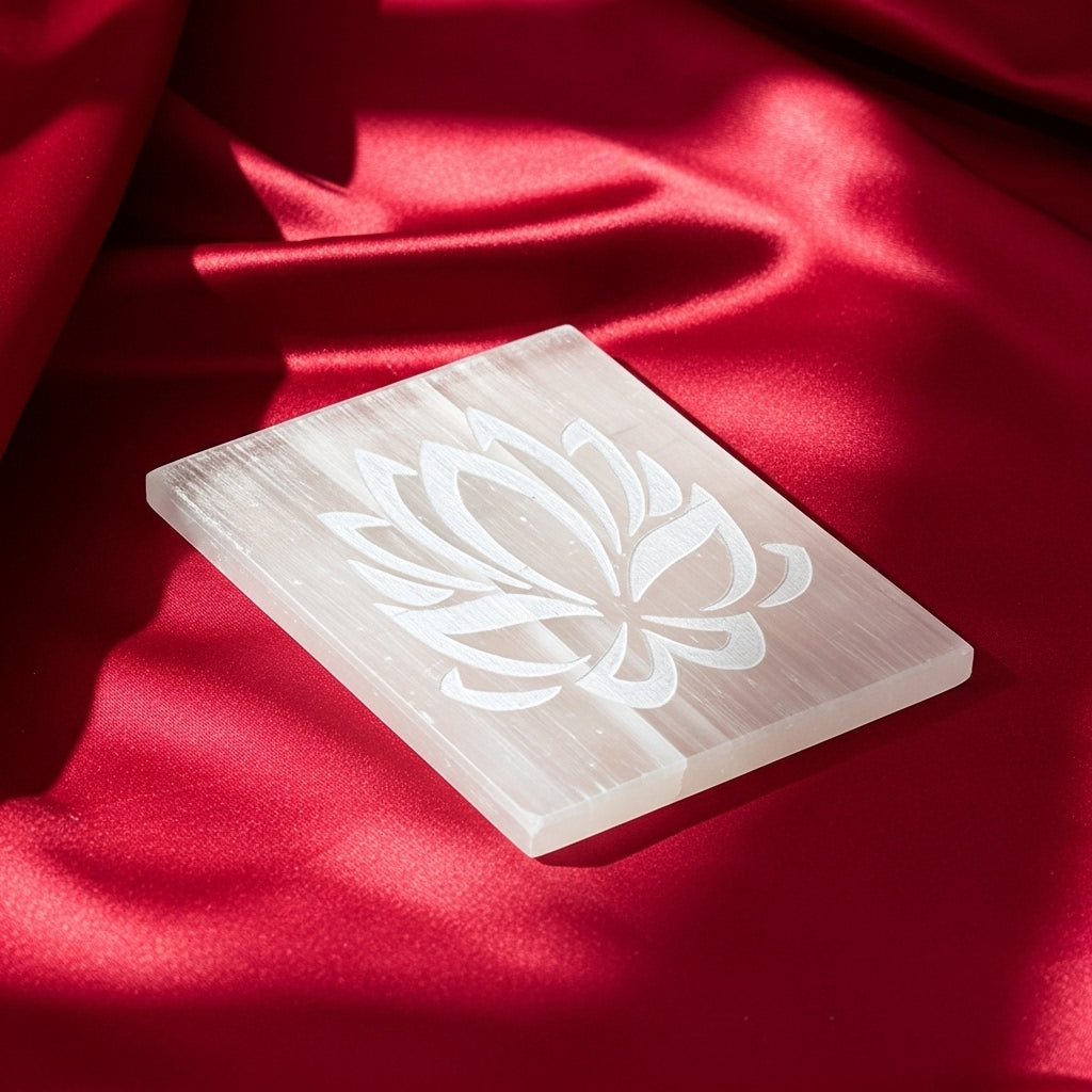 Lotus Engraved Selenite Plate — Crystal Cleansing Spiritual Gift UK Manushaa Gems