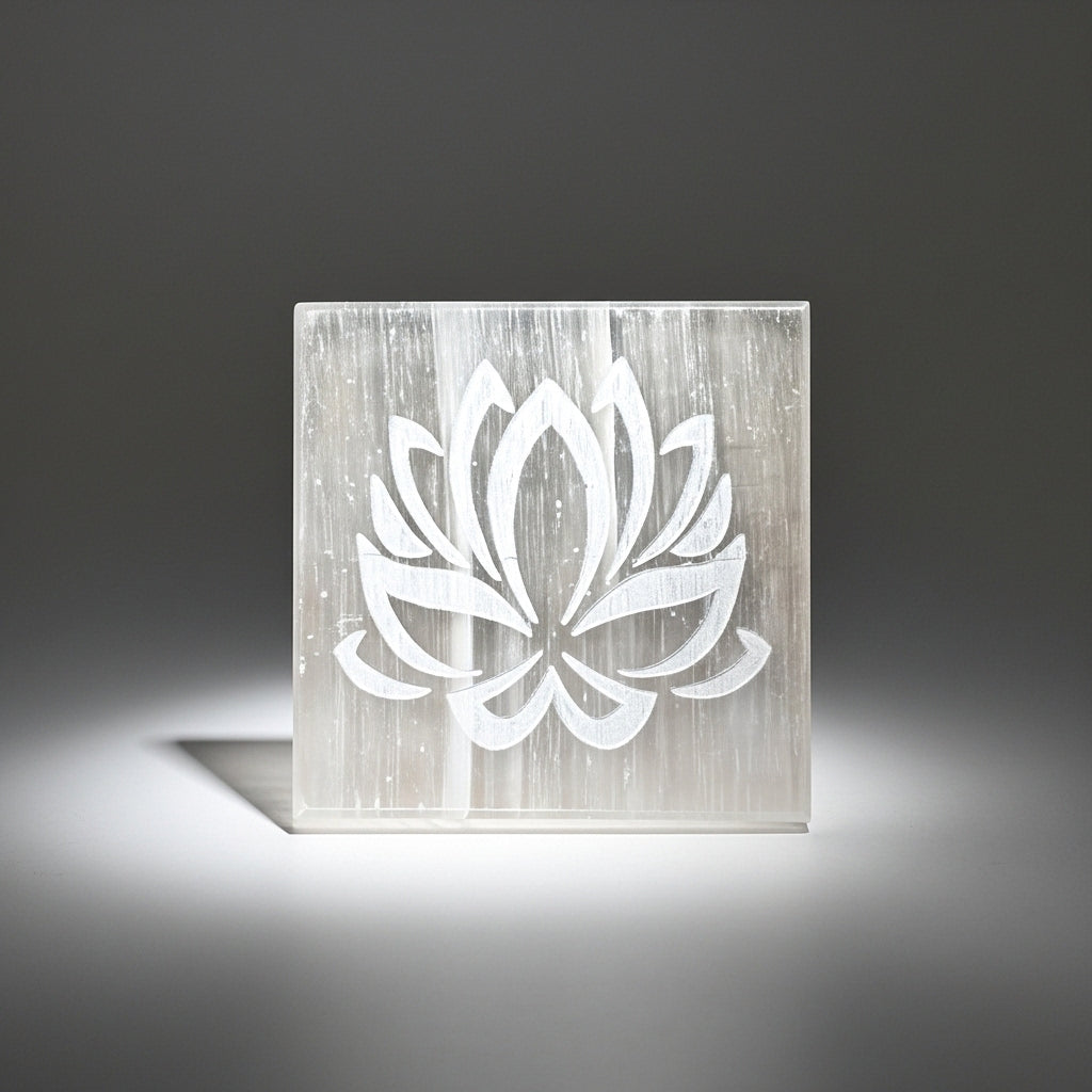 Lotus Selenite Plate detail — Engraved Crystal Cleansing Slab UK Manushaa Gems
