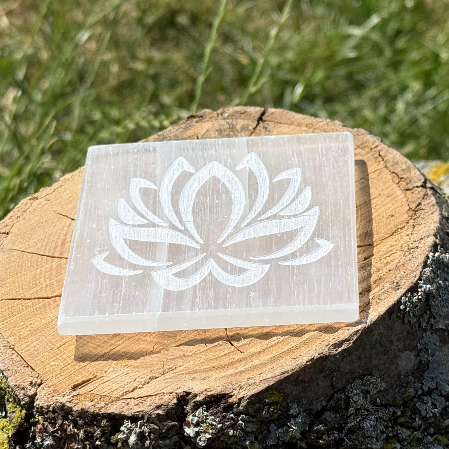 Lotus Selenite Charging Plate angle — Engraved Crystal Slab UK Manushaa Gems