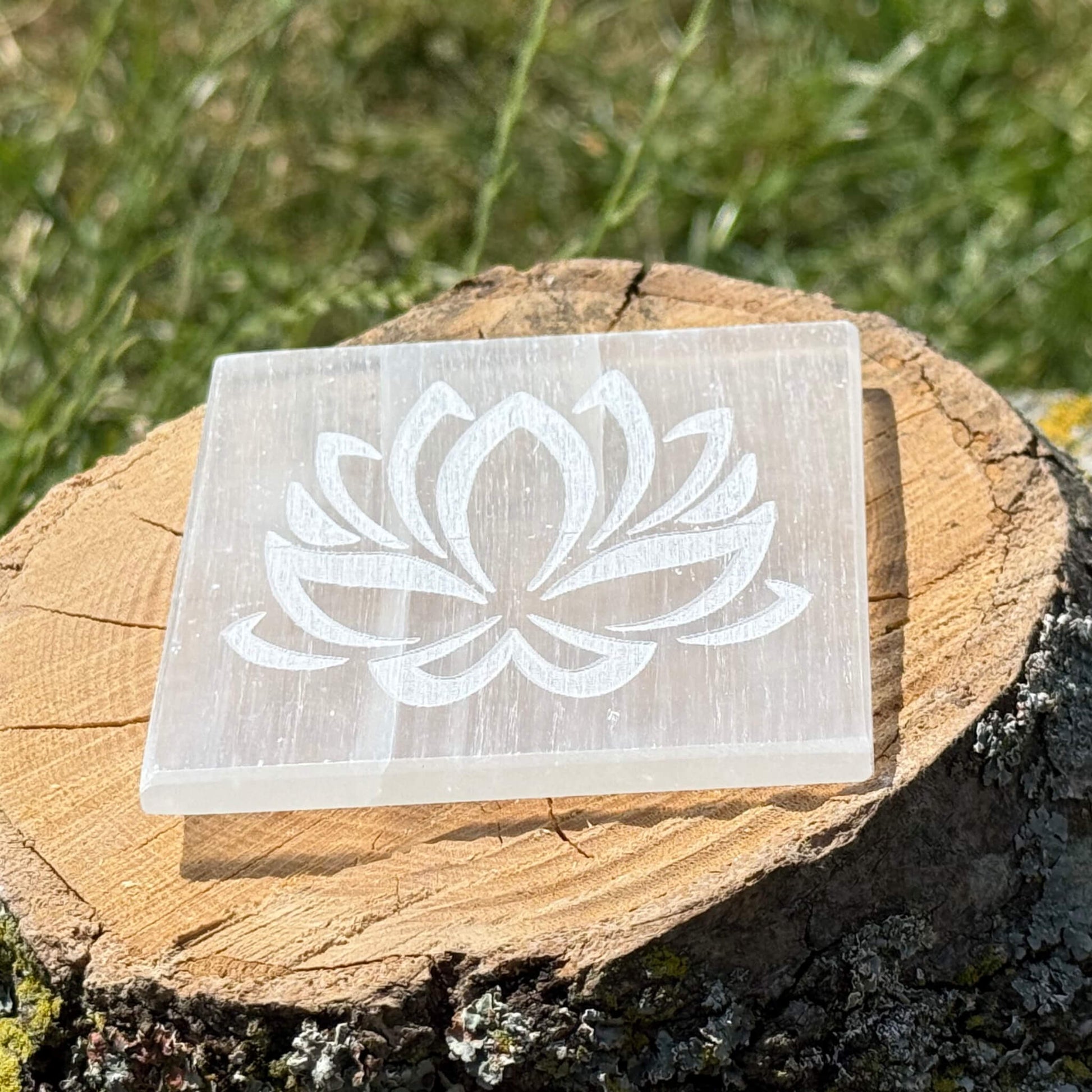 Lotus Selenite Charging Plate angle — Engraved Crystal Slab UK Manushaa Gems
