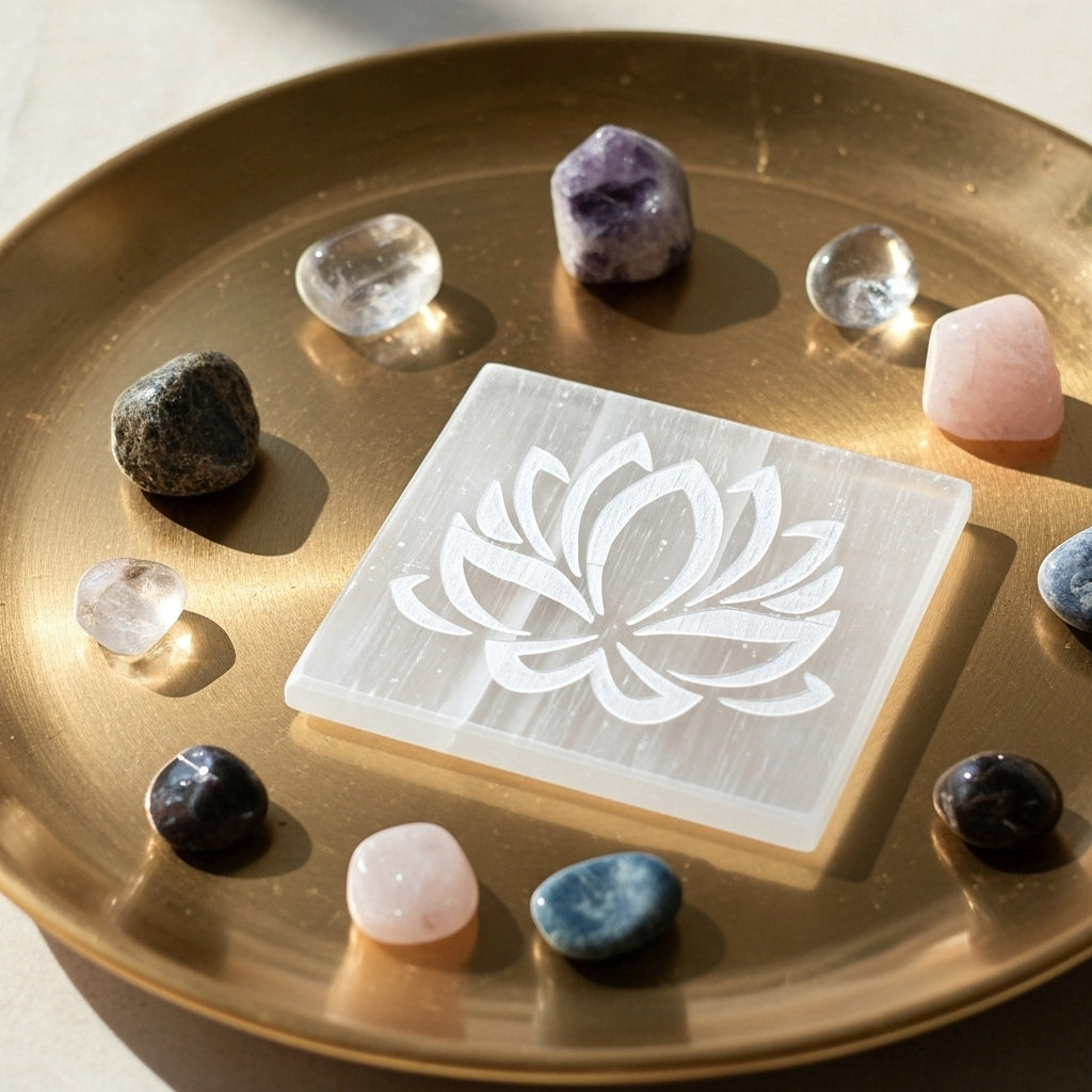 Lotus Selenite Plate lifestyle — Crystal Cleansing Spiritual Gift UK Manushaa Gems