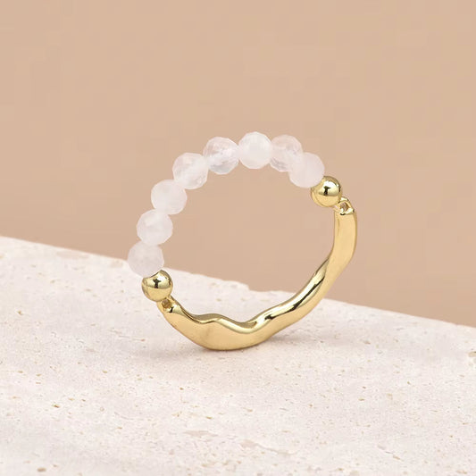 Moonstone Faceted Crystal Bead Ring by Manushaa Gems — Natural White Gemstone Stretch Ring