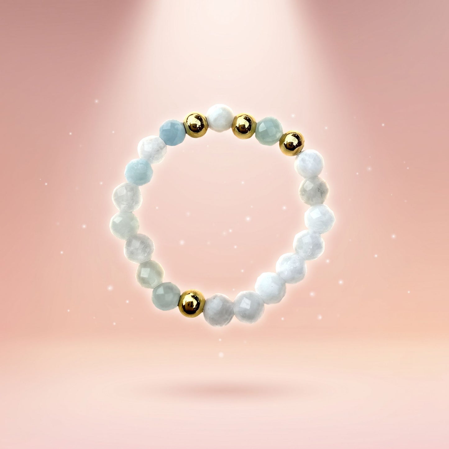 Multicolour Morganite & Moonstone Stretch Beaded Ring | 3mm Faceted Crystal
