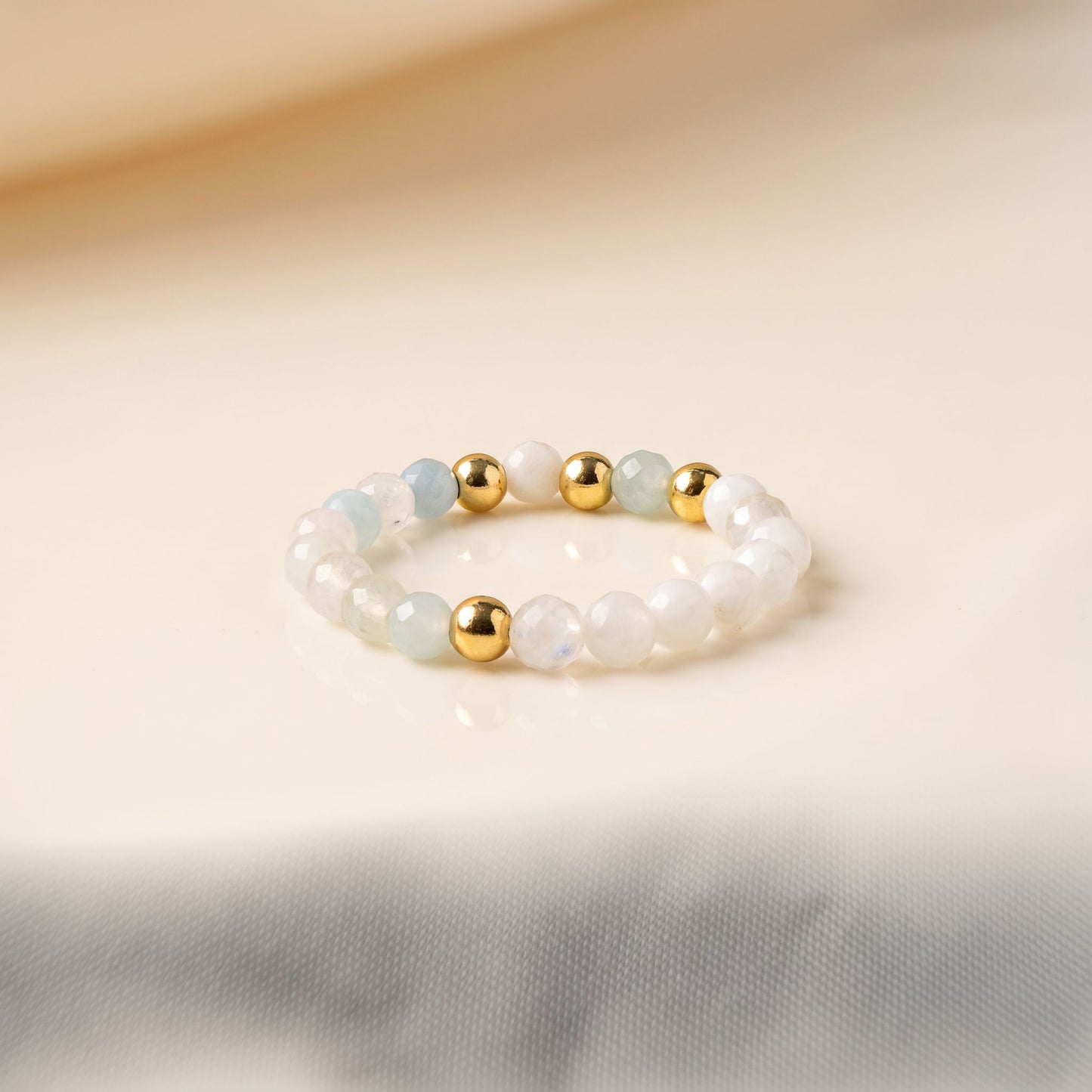 Multicolour Morganite & Moonstone Stretch Beaded Ring | 3mm Faceted Crystal