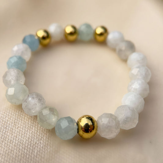 Multicolour Morganite & Moonstone Stretch Beaded Ring | 3mm Faceted Crystal