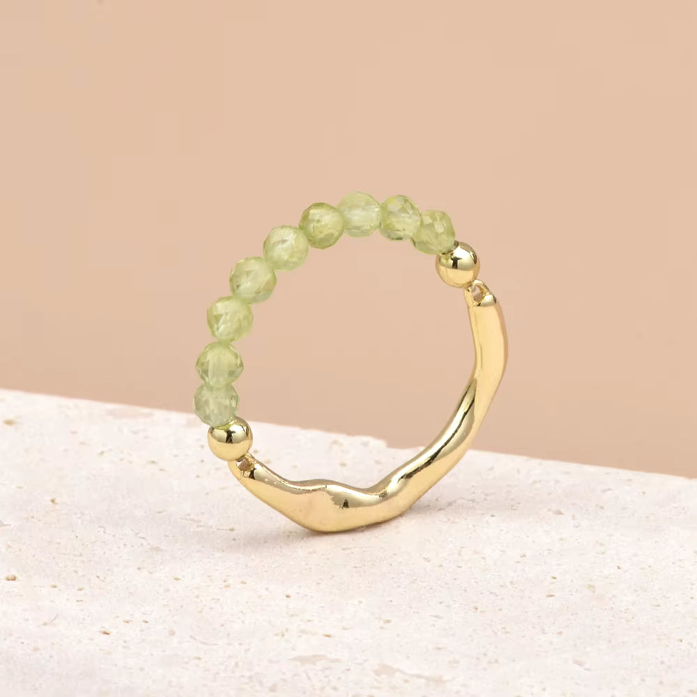Peridot Faceted Crystal Bead Ring by Manushaa Gems — Natural Green Gemstone Stretch Ring