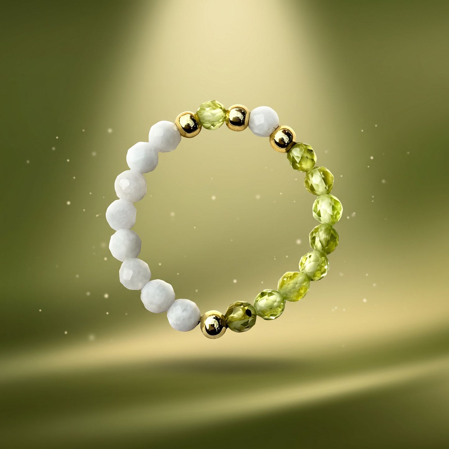 Peridot & Moonstone Stretch Beaded Ring | 3mm Faceted Crystal Ring