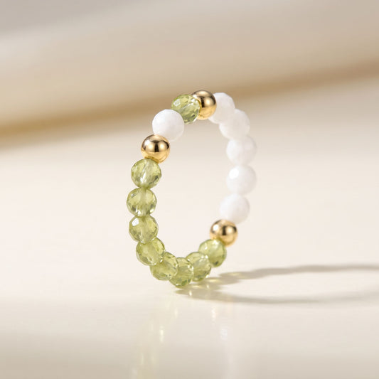 Peridot & Moonstone Stretch Beaded Ring | 3mm Faceted Crystal Ring