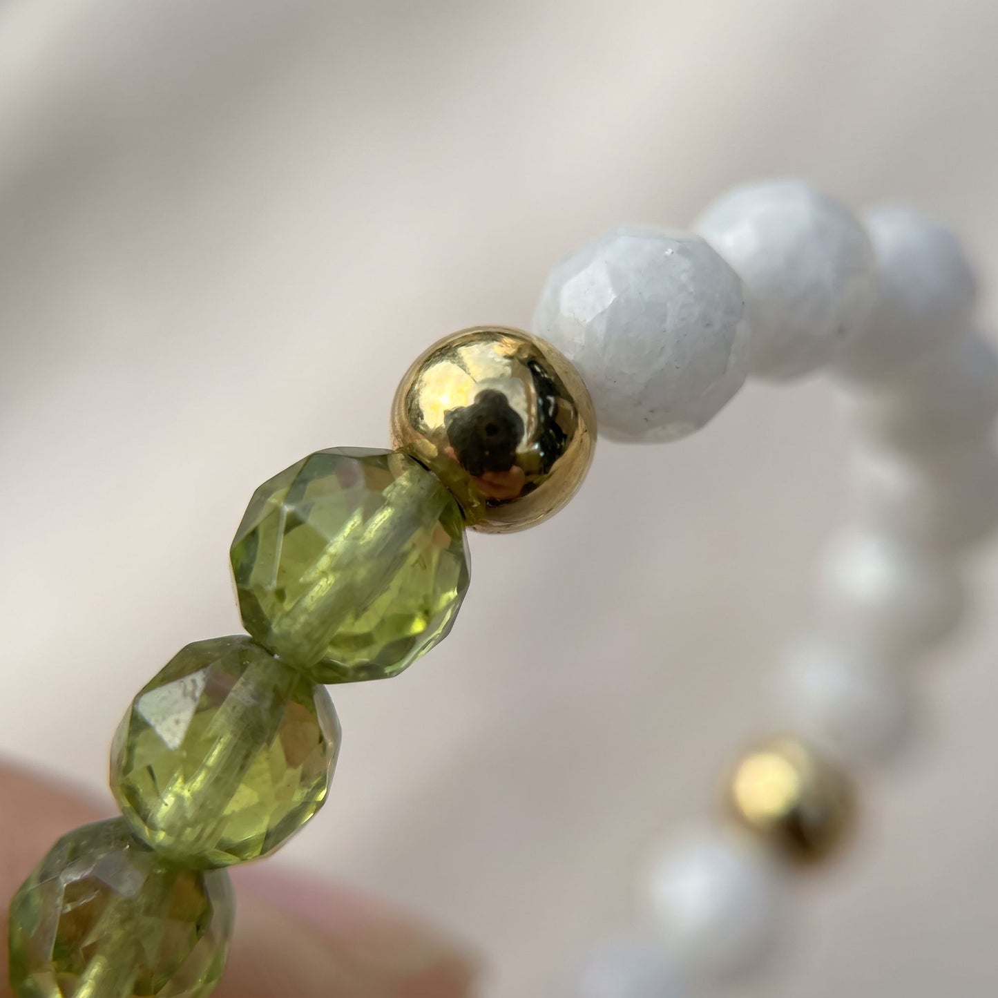 Peridot & Moonstone Stretch Beaded Ring | 3mm Faceted Crystal Ring