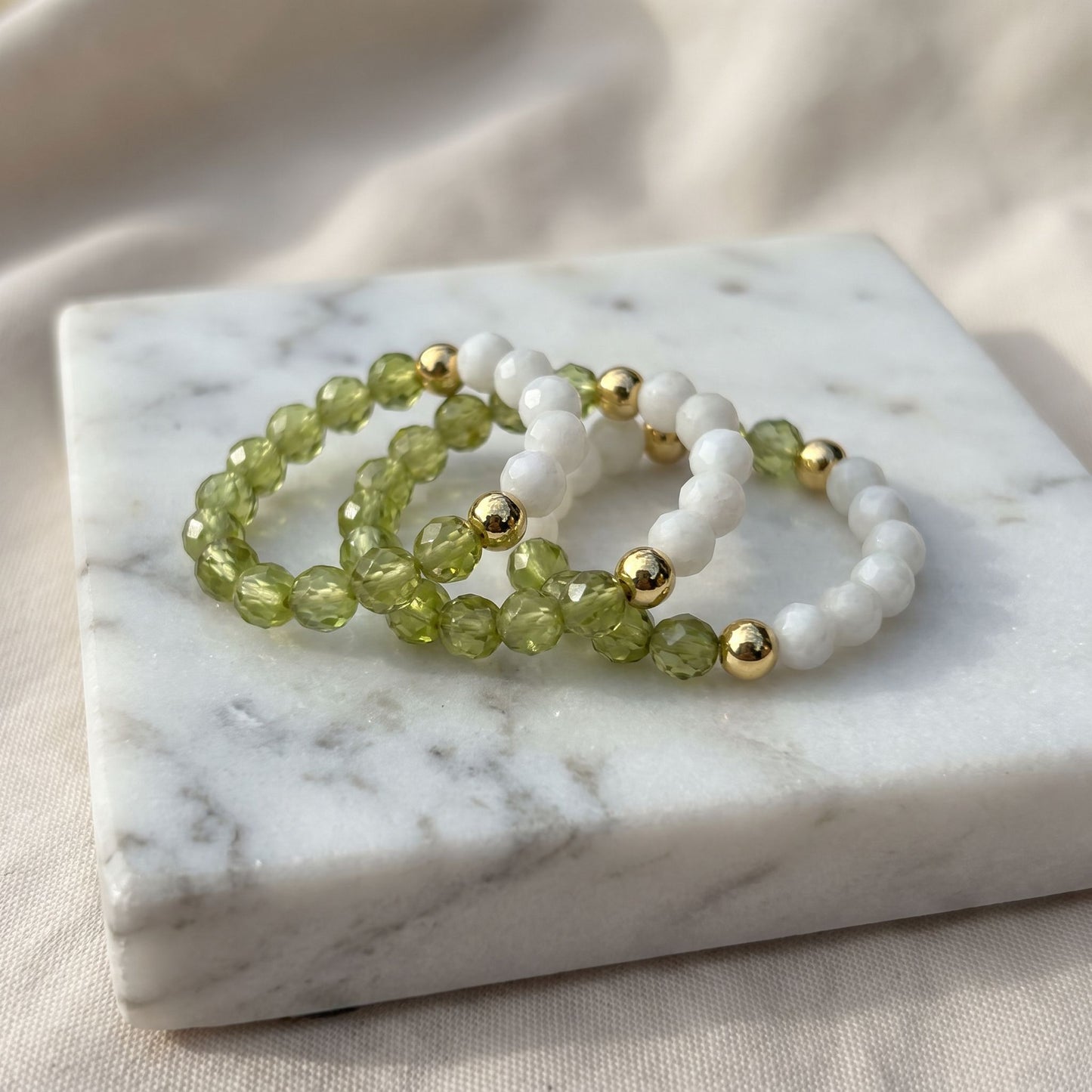 Peridot & Moonstone Stretch Beaded Ring | 3mm Faceted Crystal Ring