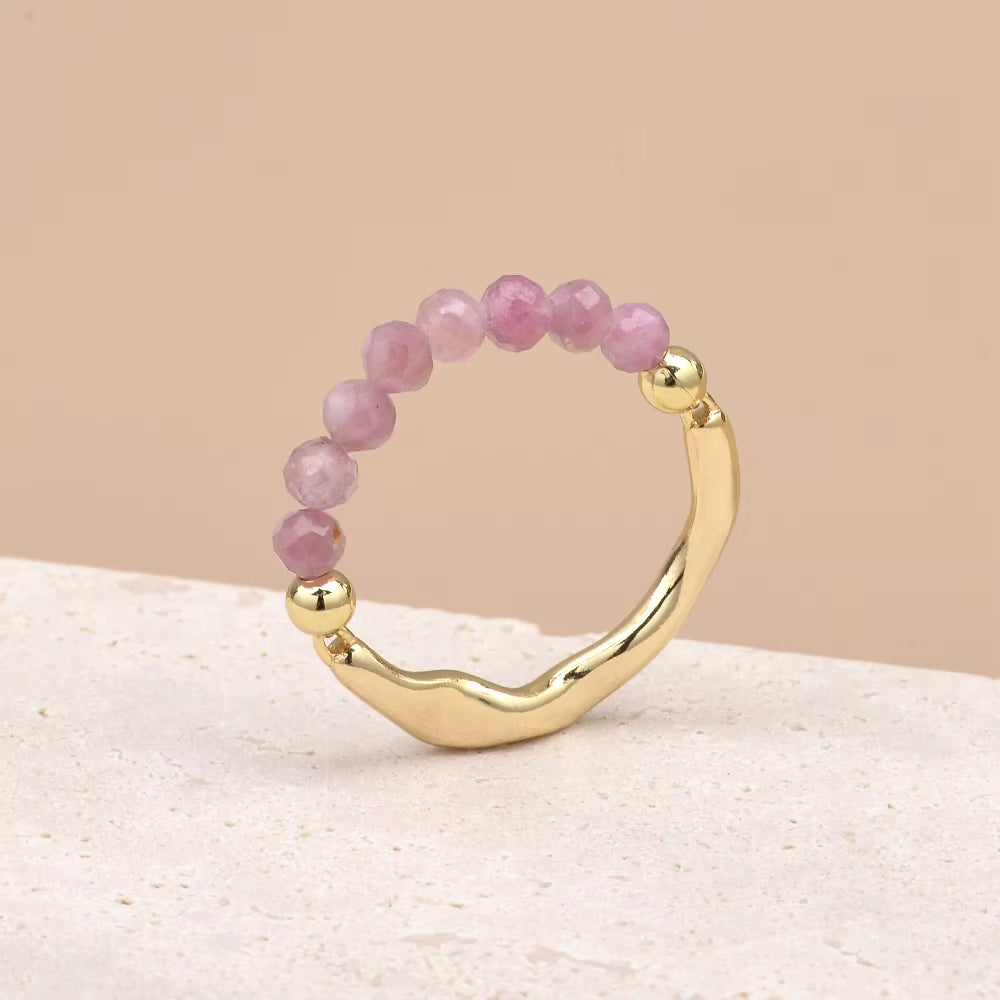 Pink Tourmaline Faceted Crystal Bead Ring by Manushaa Gems — Natural Pink Gemstone Stretch Ring