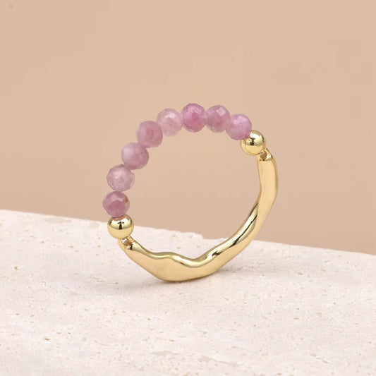 Pink Tourmaline Faceted Crystal Bead Ring by Manushaa Gems — Natural Pink Gemstone Stretch Ring
