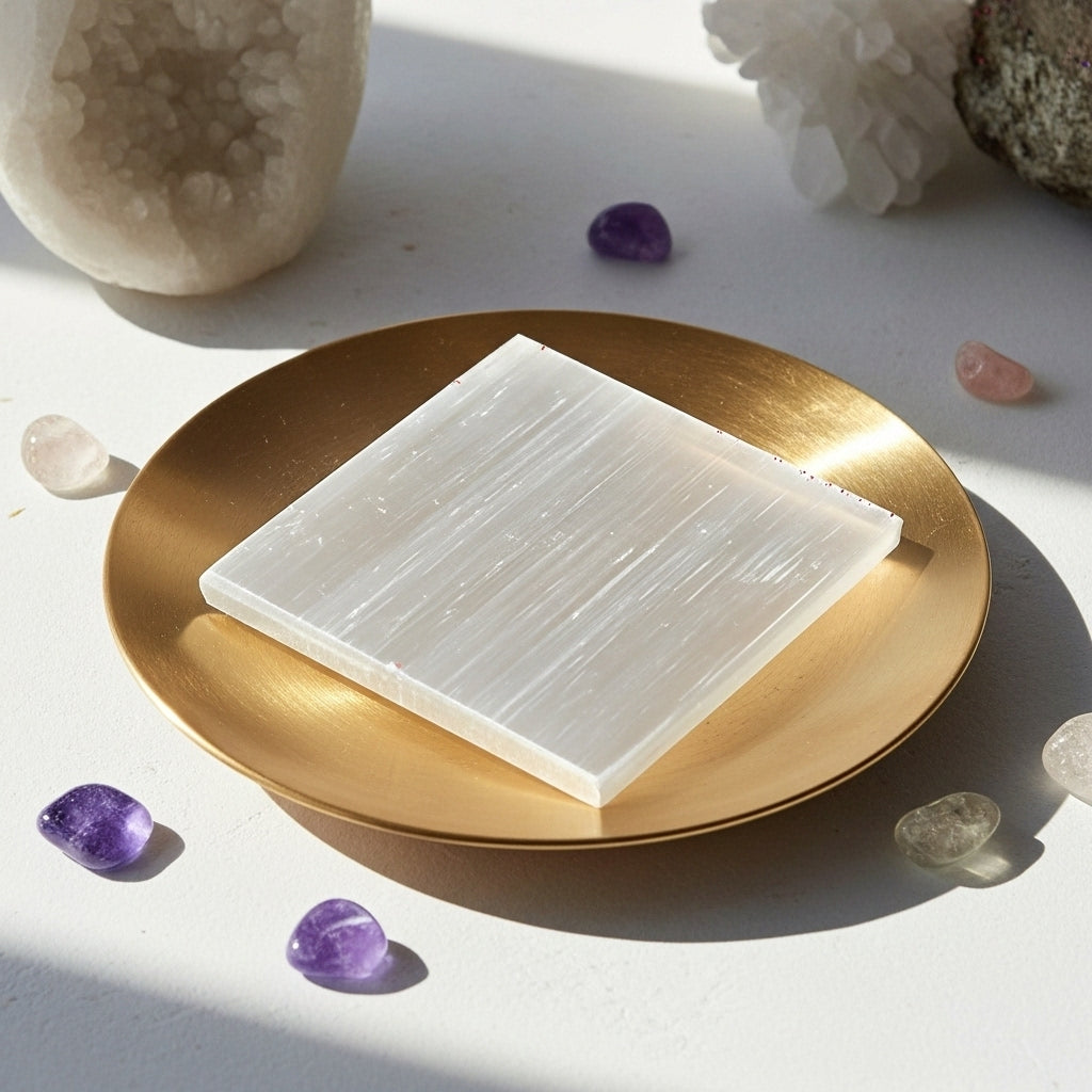 Plain Selenite Charging Plate packaging — Crystal Gift UK Manushaa Gems