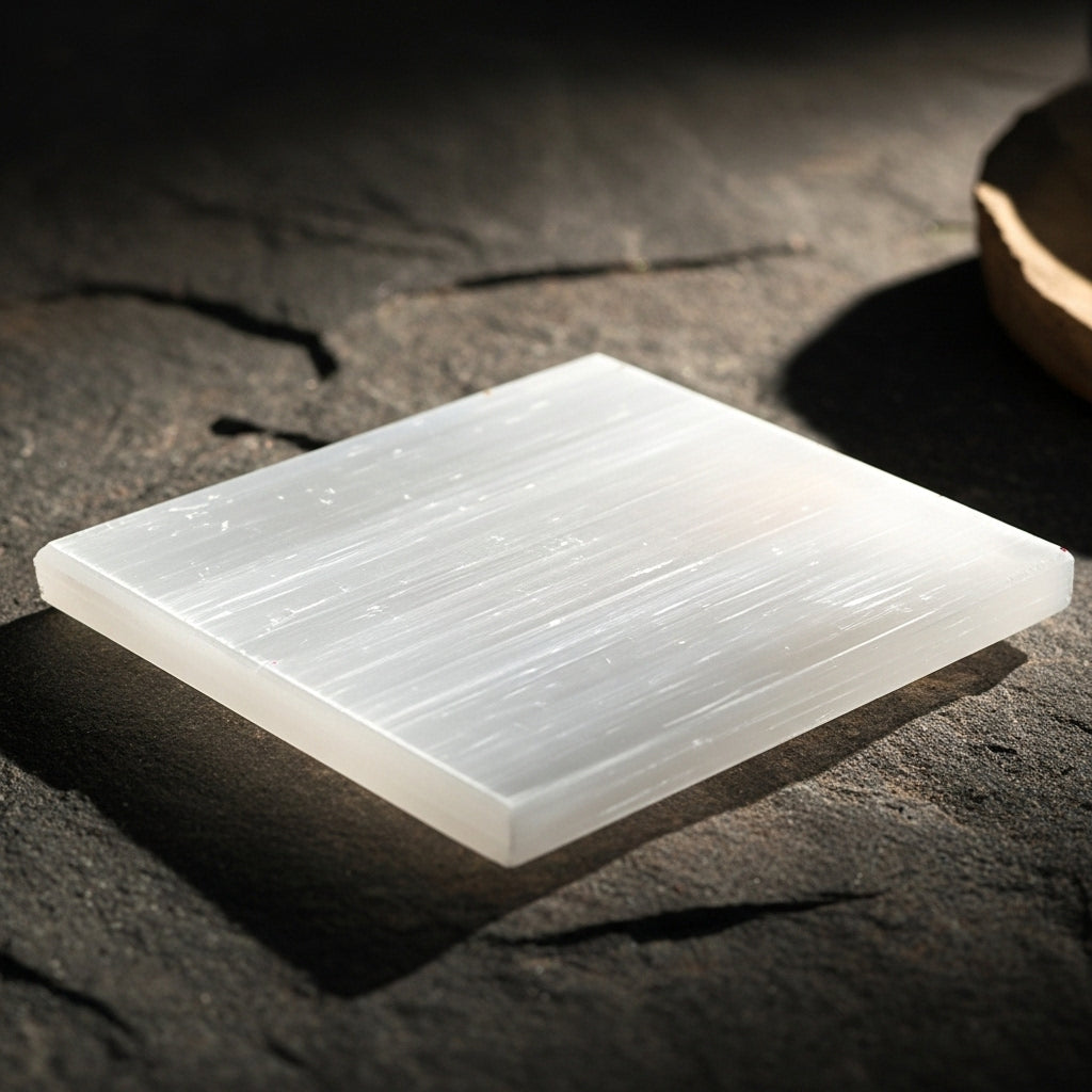 Plain Selenite Charging Plate angle — Crystal Cleansing Gift UK Manushaa Gems
