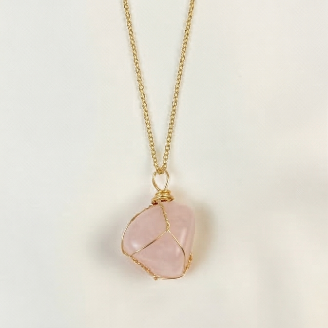 Rose Quartz Wire Wrapped Crystal Pendant Necklace by Manushaa Gems
