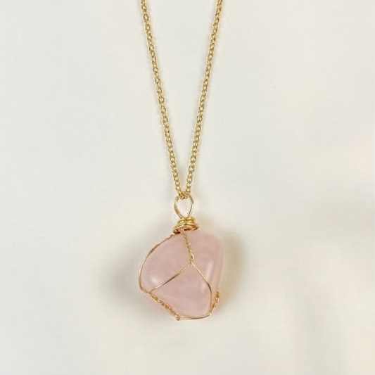 Rose Quartz Wire Wrapped Crystal Pendant Necklace by Manushaa Gems