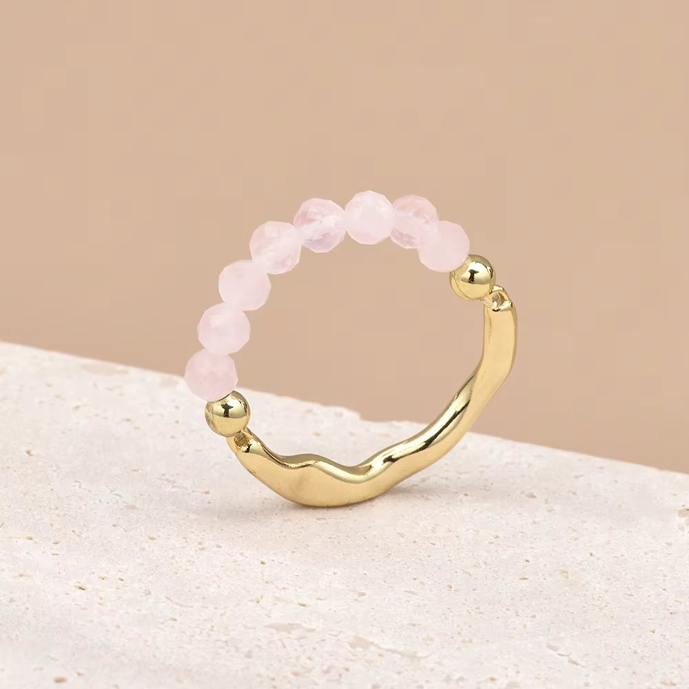 Rose Quartz Crystal Bead Stretch Ring — 18 Stone Handmade Self-Love Gemstone Ring UK Manushaa Gems