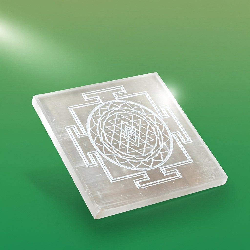 Shree Yantra Selenite Plate front view — Crystal Cleansing Wealth Symbol UK Manushaa Gems
