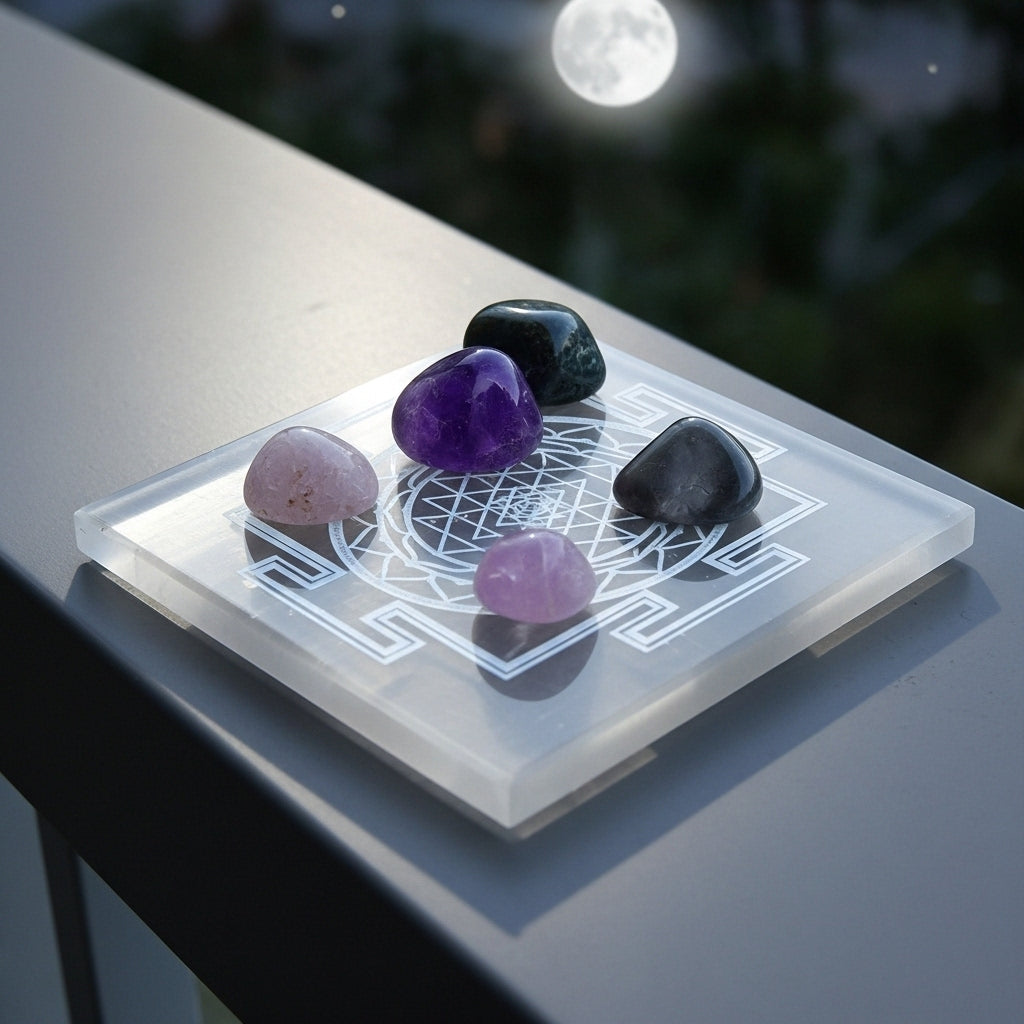 Shree Yantra Selenite Plate detail — Sacred Geometry Crystal Charging UK Manushaa Gems