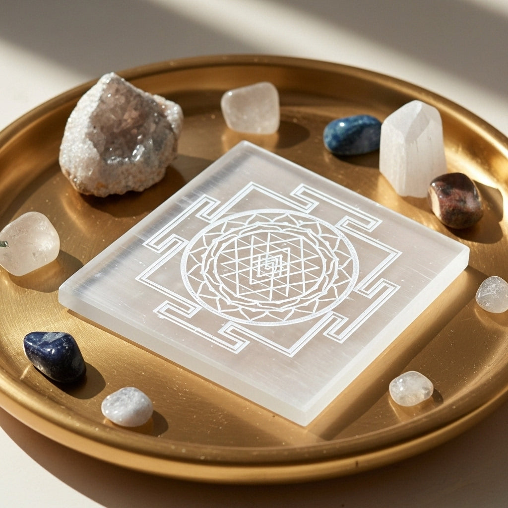 Shree Yantra Selenite Crystal Plate — Vedic Spiritual Wealth Charging Slab UK