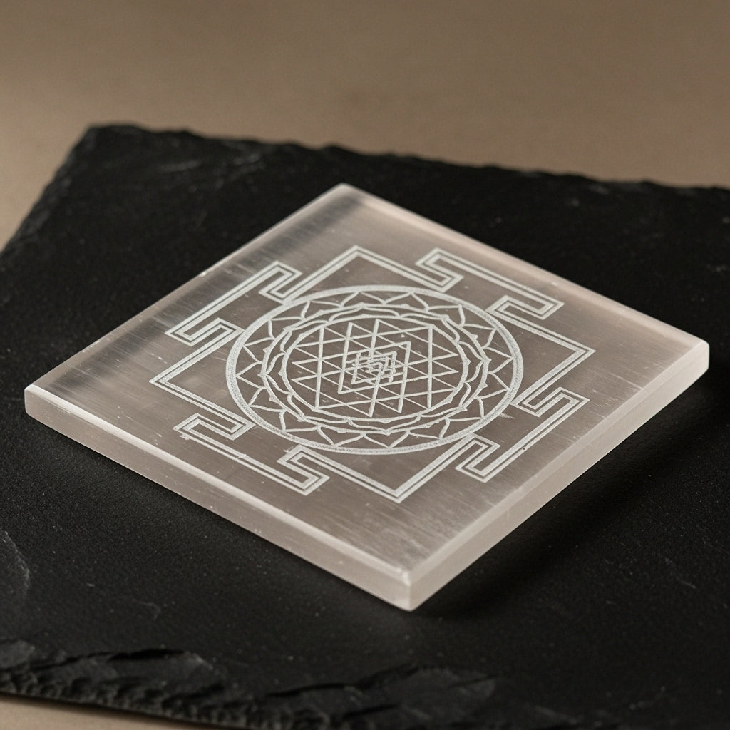 Shree Yantra Selenite Charging Plate size — Crystal Sacred Geometry UK Manushaa Gems