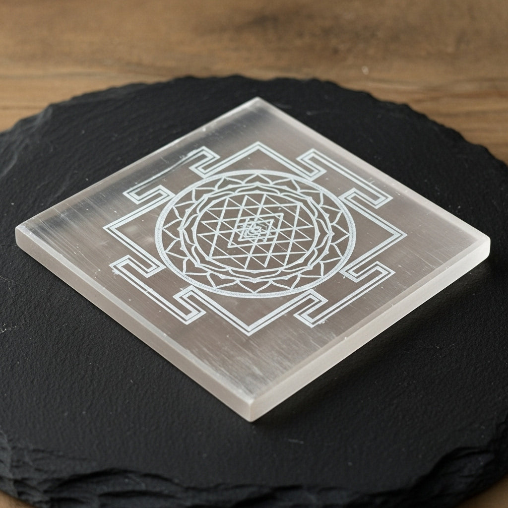 Shree Yantra Selenite Plate packaging — Vedic Crystal Gift UK Manushaa Gems