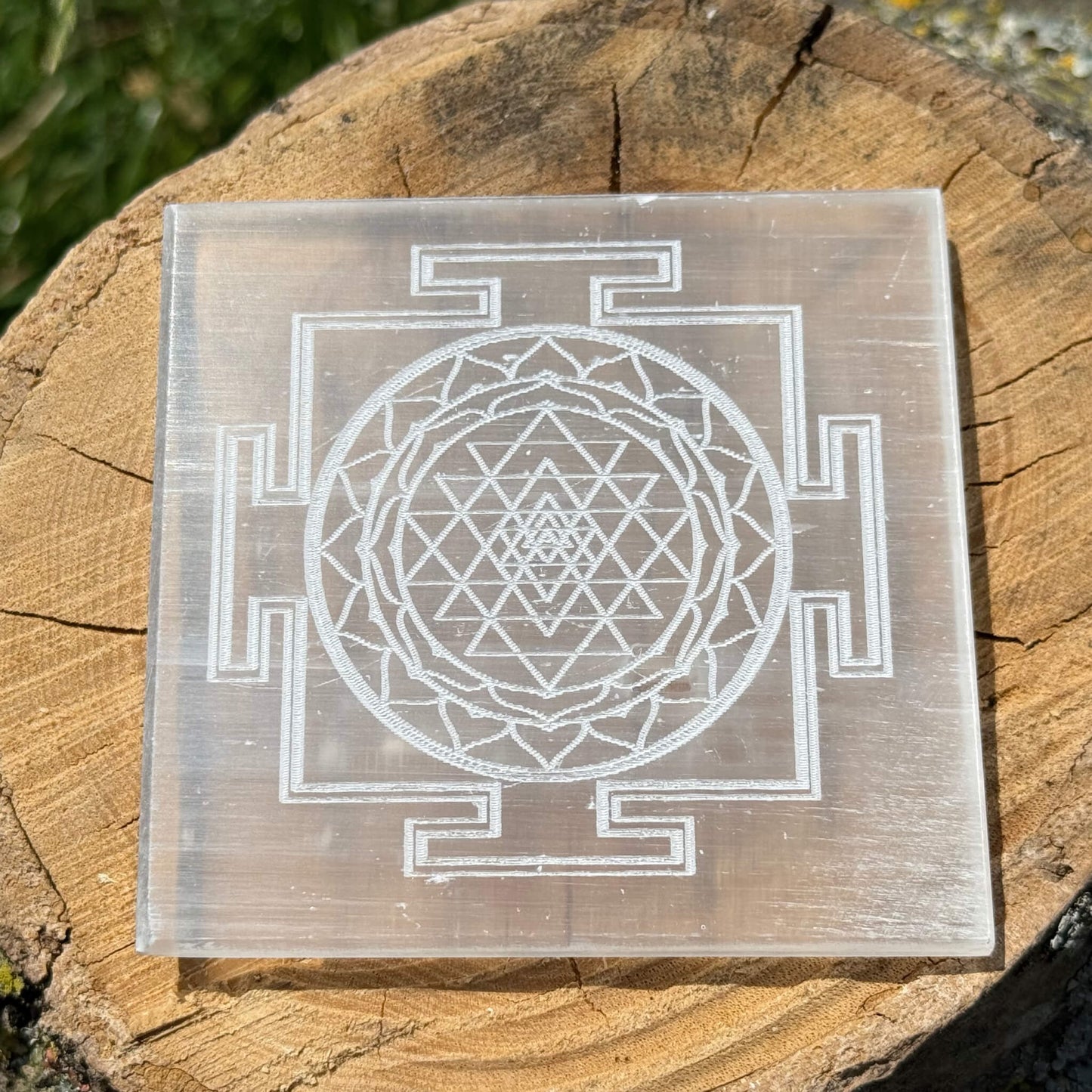 Shree Yantra Selenite Charging Plate — Handmade Hindu Crystal Gift UK Manushaa Gems