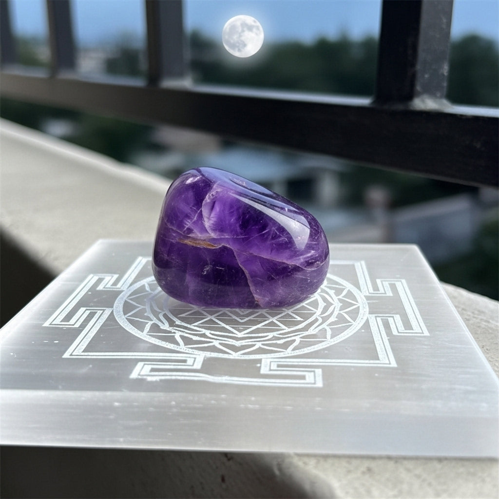 Shree Yantra Selenite Plate angle view — Sacred Hindu Crystal Wealth Symbol UK