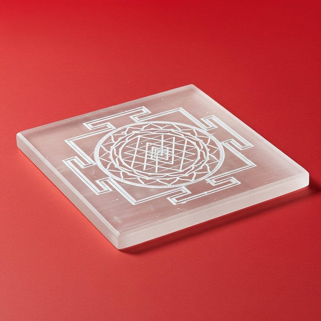 Shree Yantra Selenite Charging Plate — Vedic Wealth Crystal Sacred Hindu Gift UK Manushaa Gems