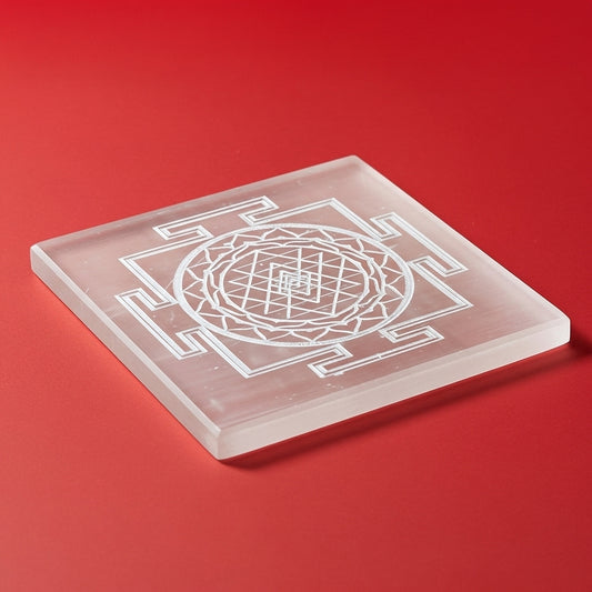 Shree Yantra Selenite Charging Plate — Vedic Wealth Crystal Sacred Hindu Gift UK Manushaa Gems