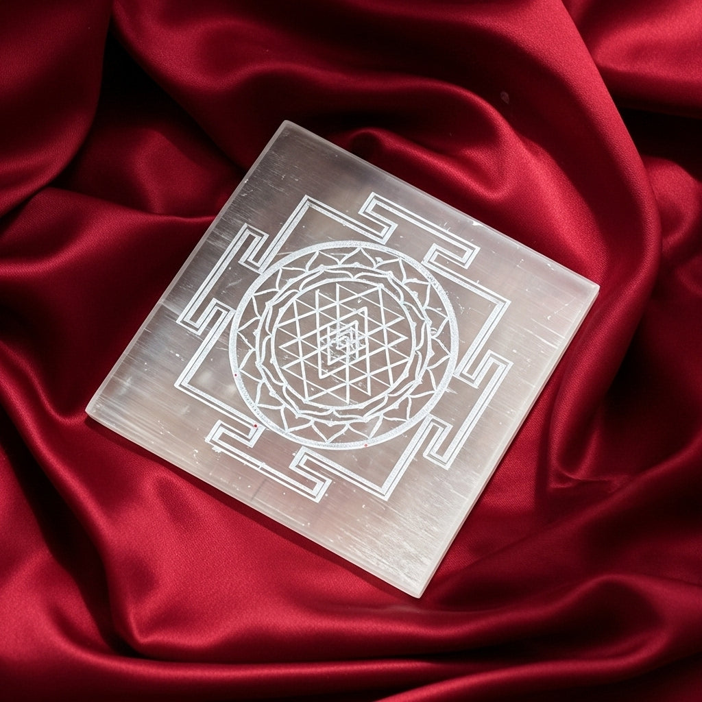 Shree Yantra Selenite Charging Plate close-up — Vedic Crystal Wealth Symbol UK Manushaa Gems