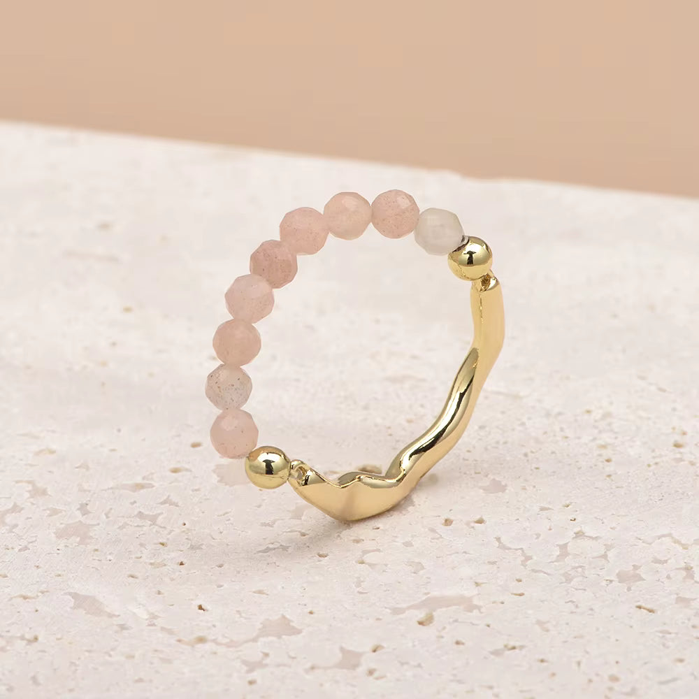 Sunstone Faceted Crystal Bead Ring by Manushaa Gems — Natural Orange Gemstone Stretch Ring