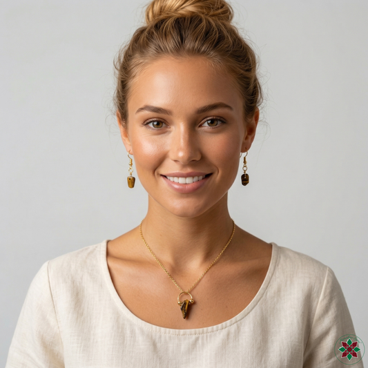 Tiger eye crystal necklace and earrings gift set by Manushaa Gems — natural golden brown gemstone pendant in gold-plated setting, UK