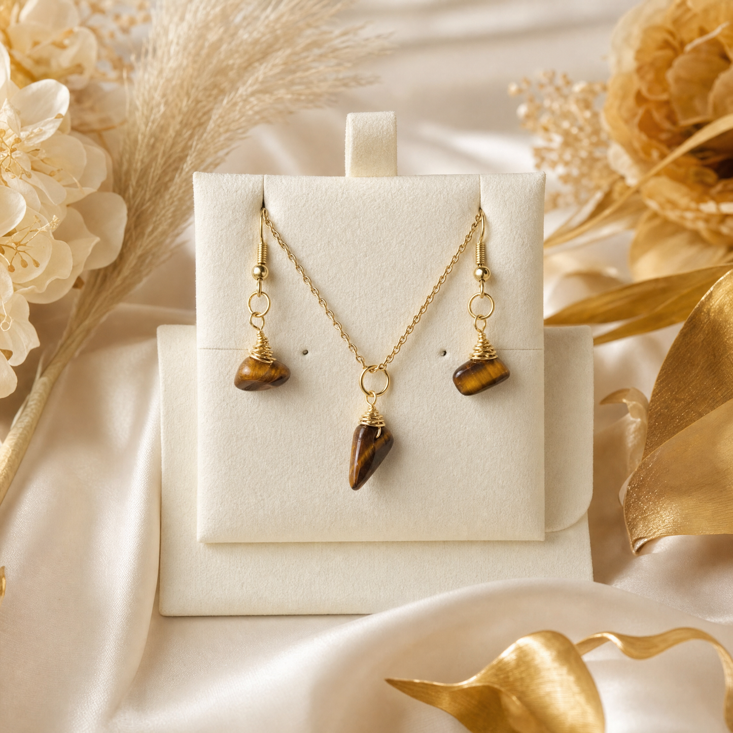 Tiger's Eye Gold Wire Wrapped Crystal Pendant Necklace