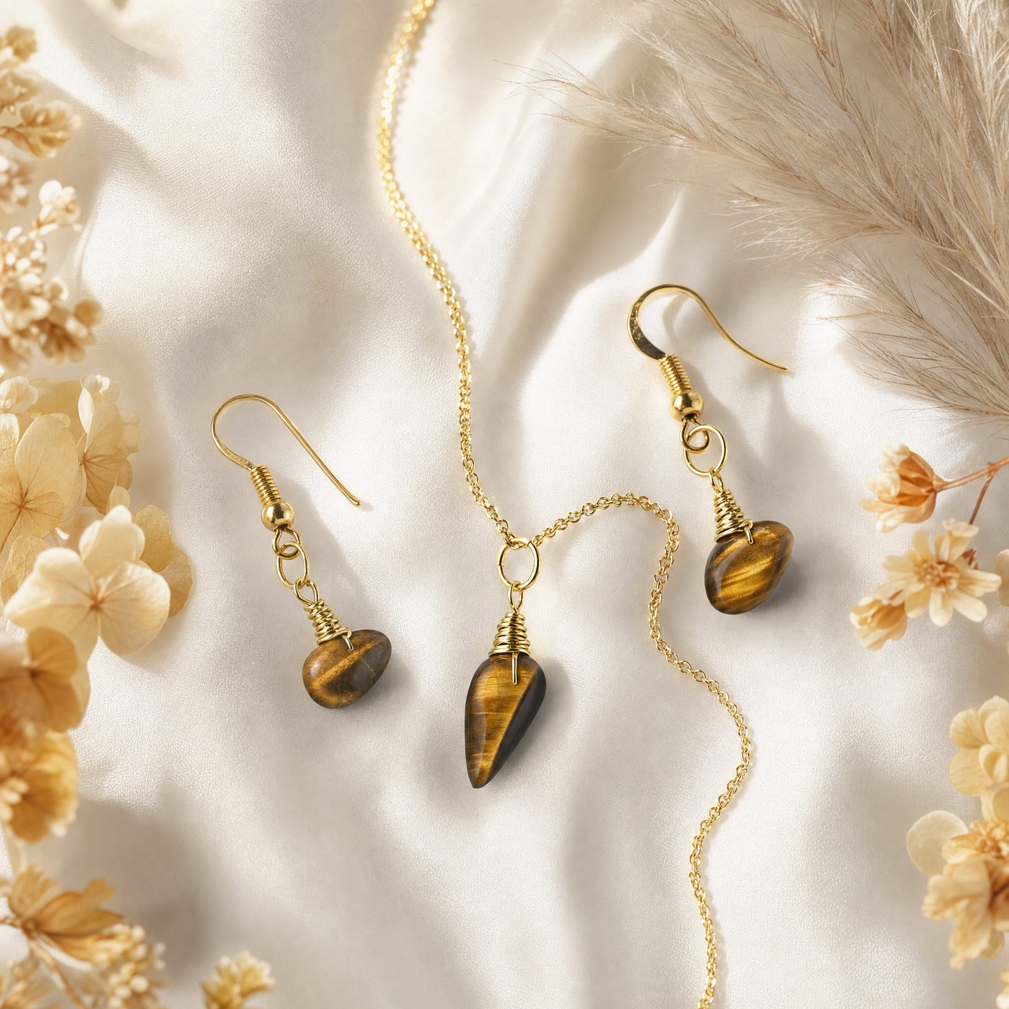 Tiger's Eye Gold Wire Wrapped Crystal Pendant Necklace