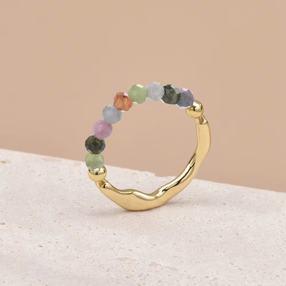 Black Tourmaline Faceted Crystal Bead Ring by Manushaa Gems — Natural Black Gemstone Stretch Ring