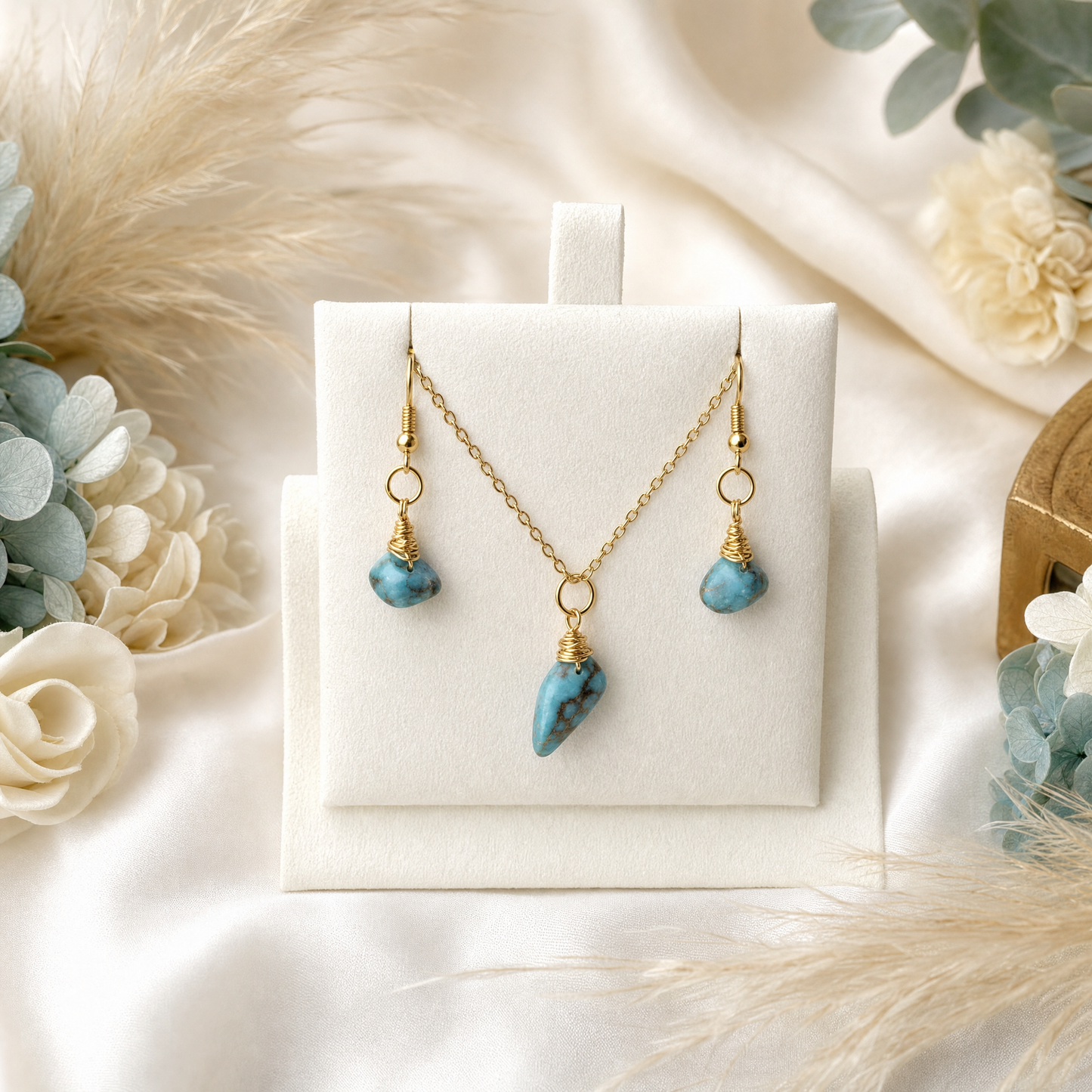 Turquoise Gold Wire Wrapped Crystal Pendant Necklace