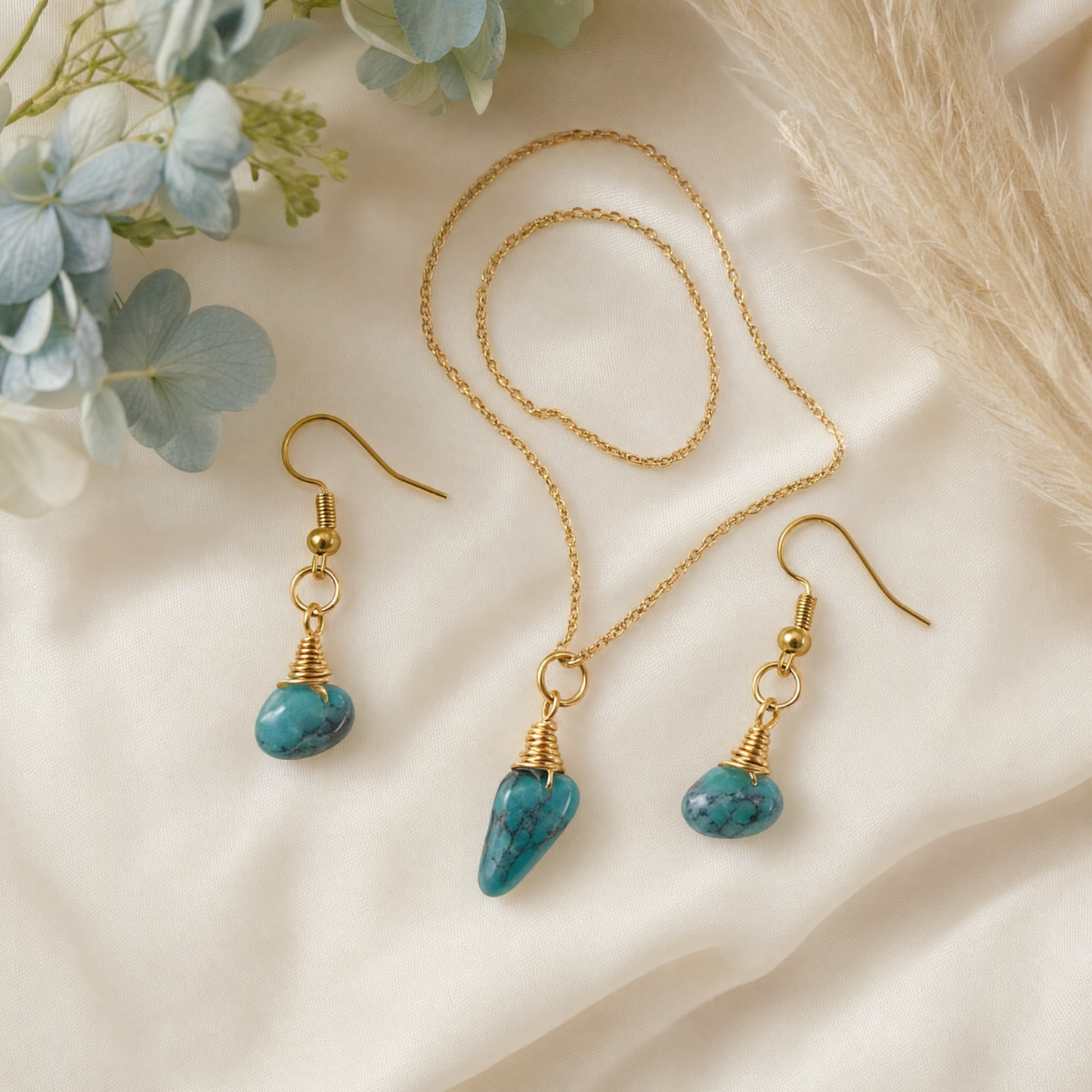 Turquoise Gold Wire Wrapped Crystal Pendant Necklace