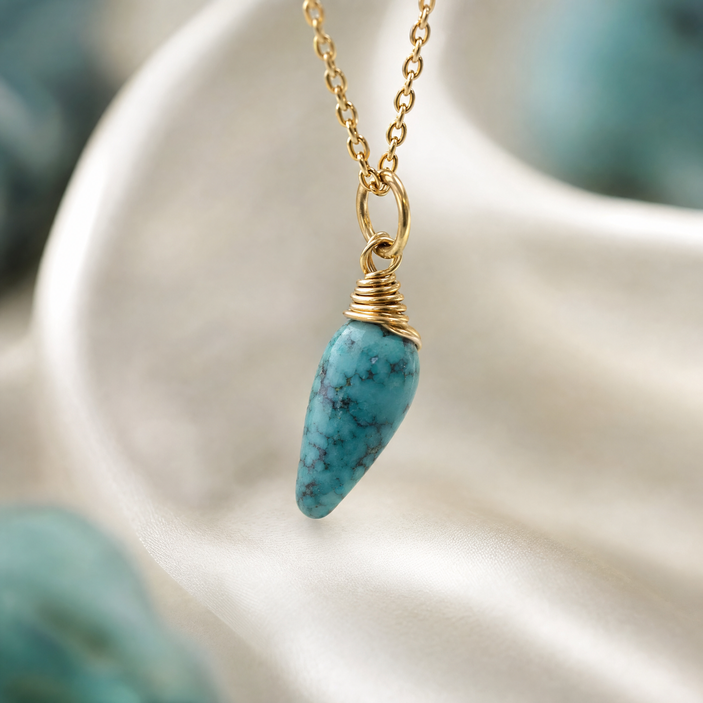 Turquoise Gold Wire Wrapped Crystal Pendant Necklace