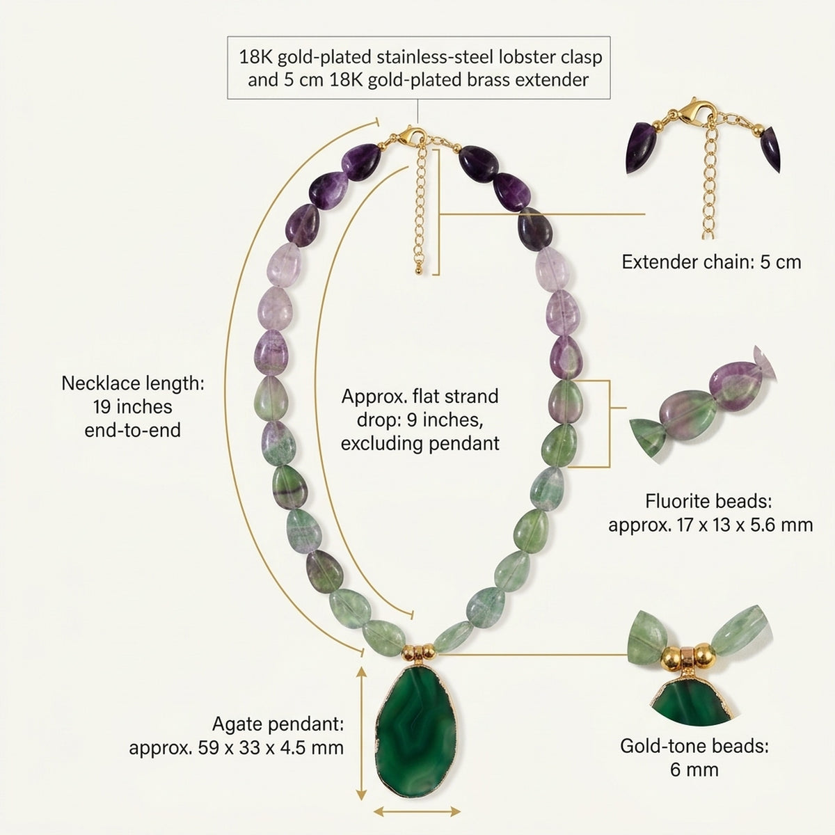 Fluorite and green agate necklace measurements and clasp details