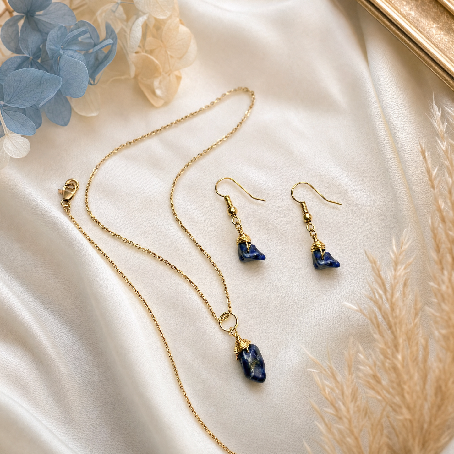 Lapis Lazuli Gold Wire Wrapped Crystal Pendant Necklace