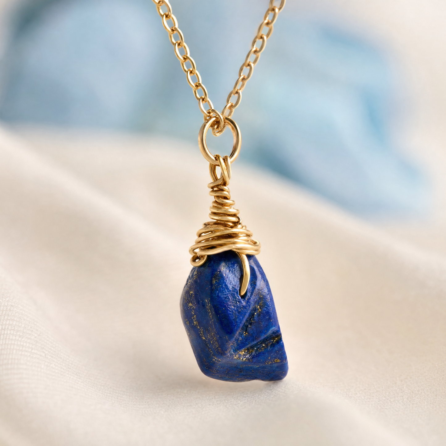 Lapis Lazuli Gold Wire Wrapped Crystal Pendant Necklace