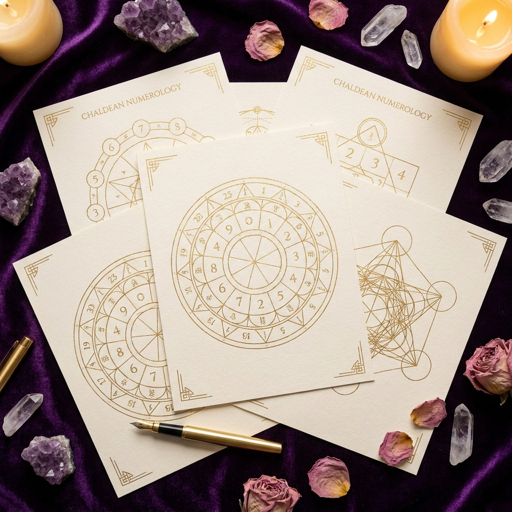 Personal Chaldean Numerology Report - Luxury flat lay with numerology symbols, amethyst crystals and gold pen | Manushaa Gems