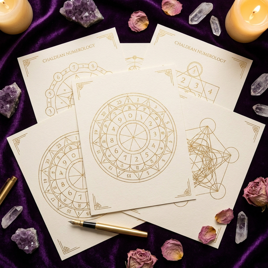 Personal Chaldean Numerology Report - Luxury flat lay with numerology symbols, amethyst crystals and gold pen | Manushaa Gems