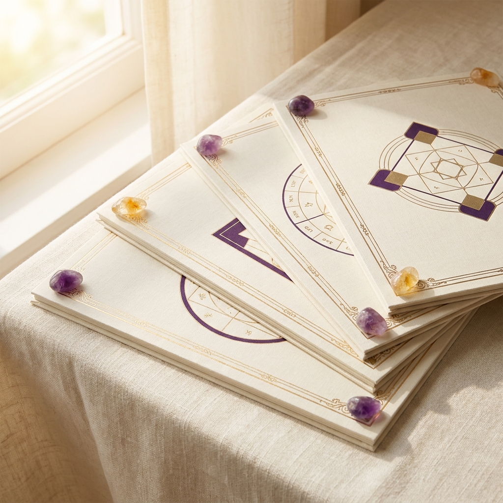 Chaldean Numerology Report pages with sacred number charts and healing crystals | Manushaa Gems
