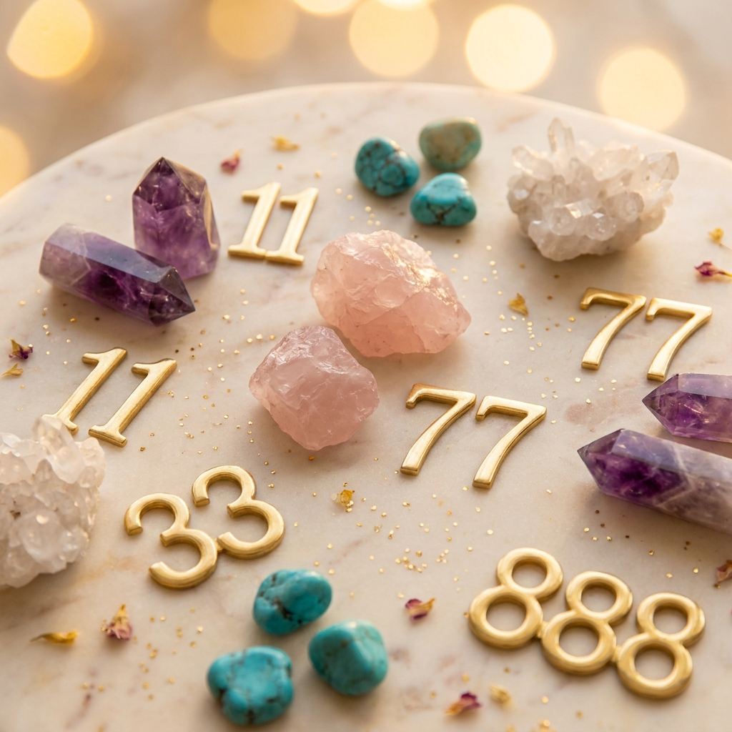 Healing crystals and sacred numerology symbols - amethyst, rose quartz and clear quartz flat lay | Manushaa Gems
