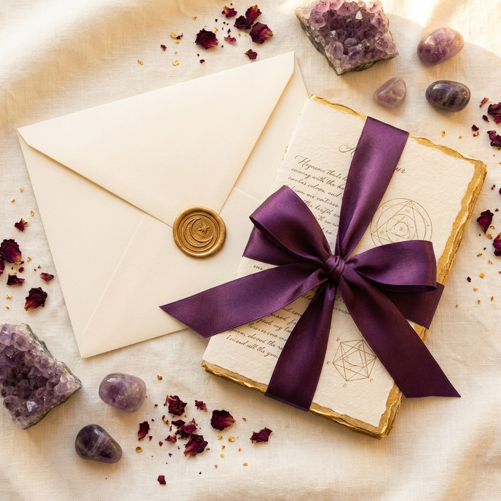 Numerology Report as a luxury spiritual gift - gold wax seal envelope with amethyst crystals | Manushaa Gems