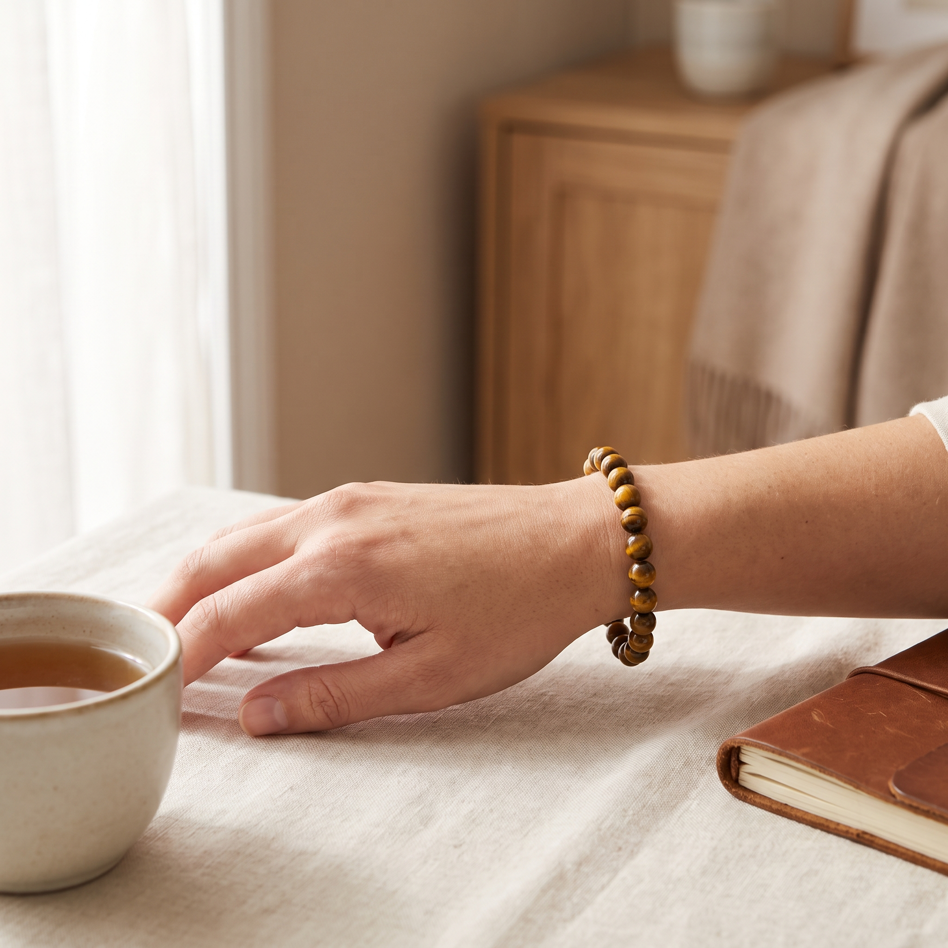 Woman wearing Tiger's Eye crystal bracelet on wrist - confidence and courage healing jewellery